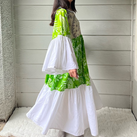 Handmade Wide Sleeves Maxi Bandana Dress SKU 11091 Green White - Picture 5 of 16